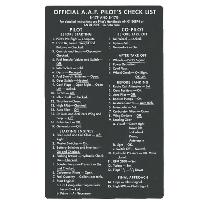 Replica of the official AAF Pilot's Check List for the Boeing B-17F and B-17G Flying Fortress — front