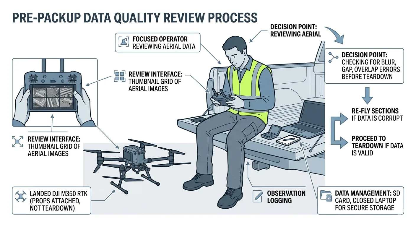 Pre-packup data quality review — field image check on controller or tablet before breaking down equipment