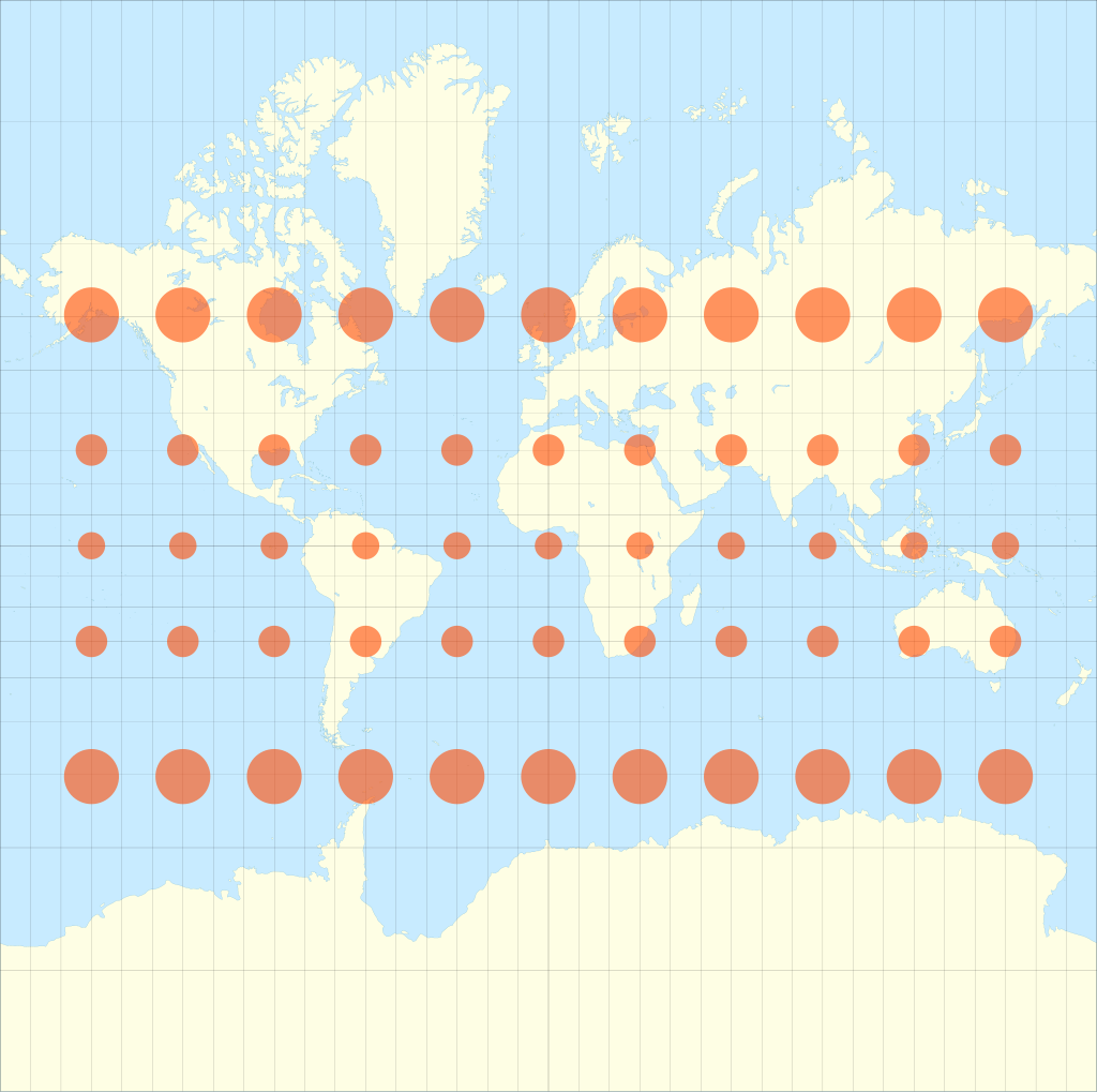 Tissot's indicatrix on a Mercator projection — circles of equal size on the globe appear distorted near the poles, illustrating why projected coordinate systems introduce error