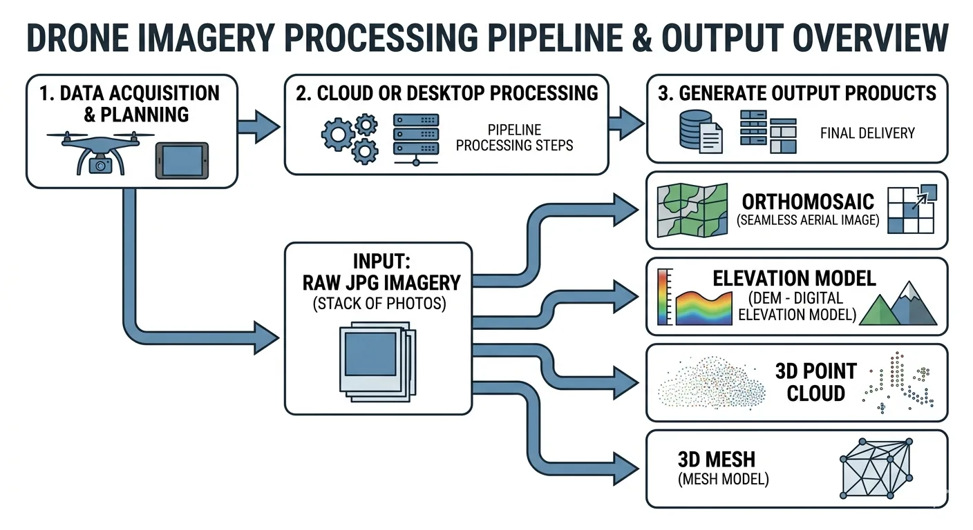 Five-stage photogrammetry processing pipeline from raw overlapping imagery through feature matching, bundle adjustment, and dense point cloud generation to final orthomosaic, DEM, and 3D mesh outputs