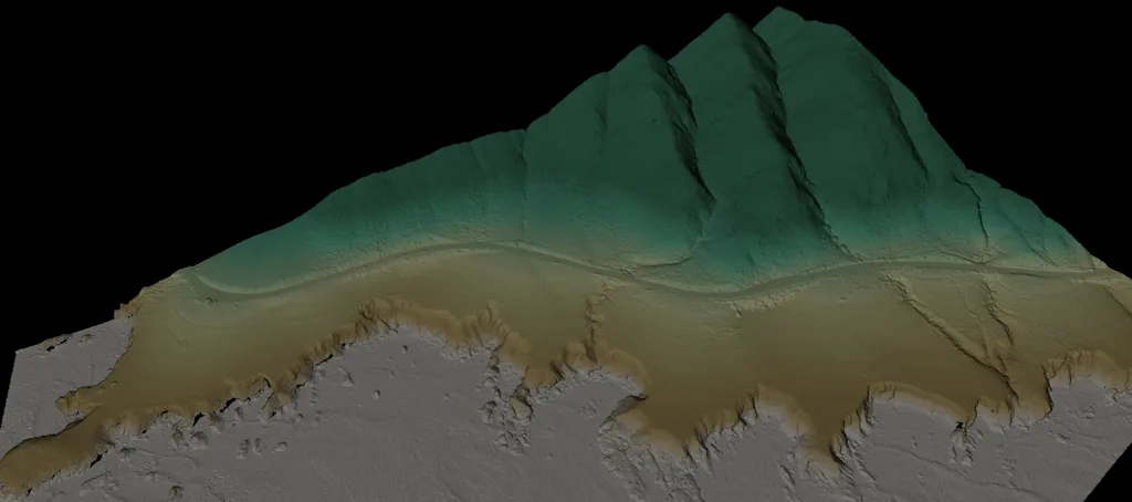 LiDAR terrain capture of Diablo Canyon Road, California — showing ground returns visible through vegetation canopy