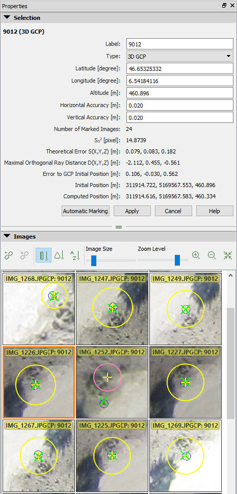 Pix4Dmapper GCP properties panel showing coordinate residuals, error values, and marked ground control point images with reprojection indicators
