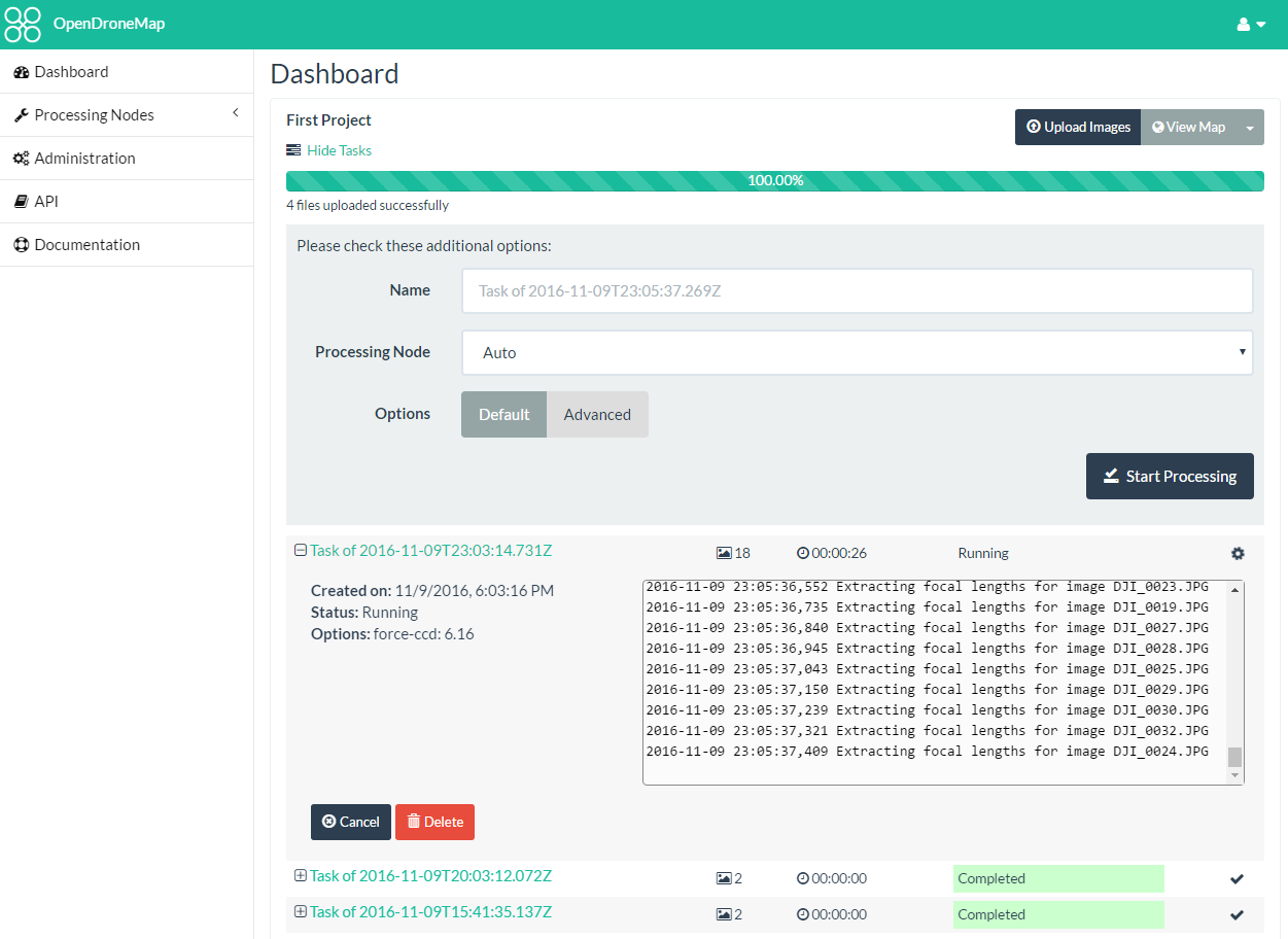Screenshot of the WebODM Dashboard after login — First Project page showing upload progress, processing options form with Default and Advanced presets, Start Processing button, and a running task below with extracted focal lengths in the log output