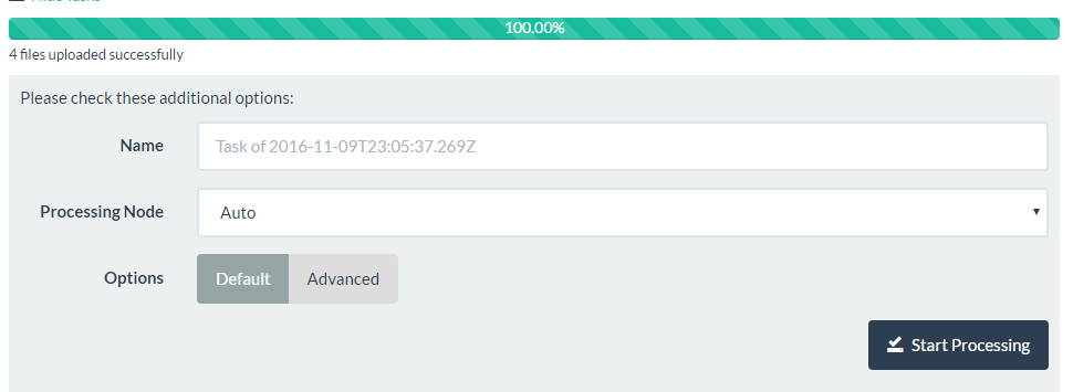 Screenshot of the WebODM task options form showing the Name field, Processing Node selector, Default and Advanced preset buttons, and Start Processing button — this is the entry point to every parameter covered in this article